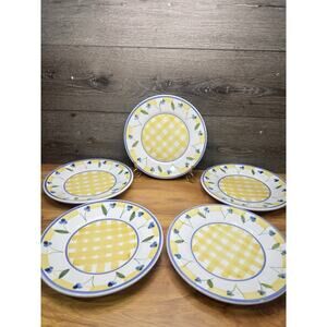 Vintage Caleca Italy Zafferano 9.75” Luncheon Plates Blue Floral &Plaid~set Of 5